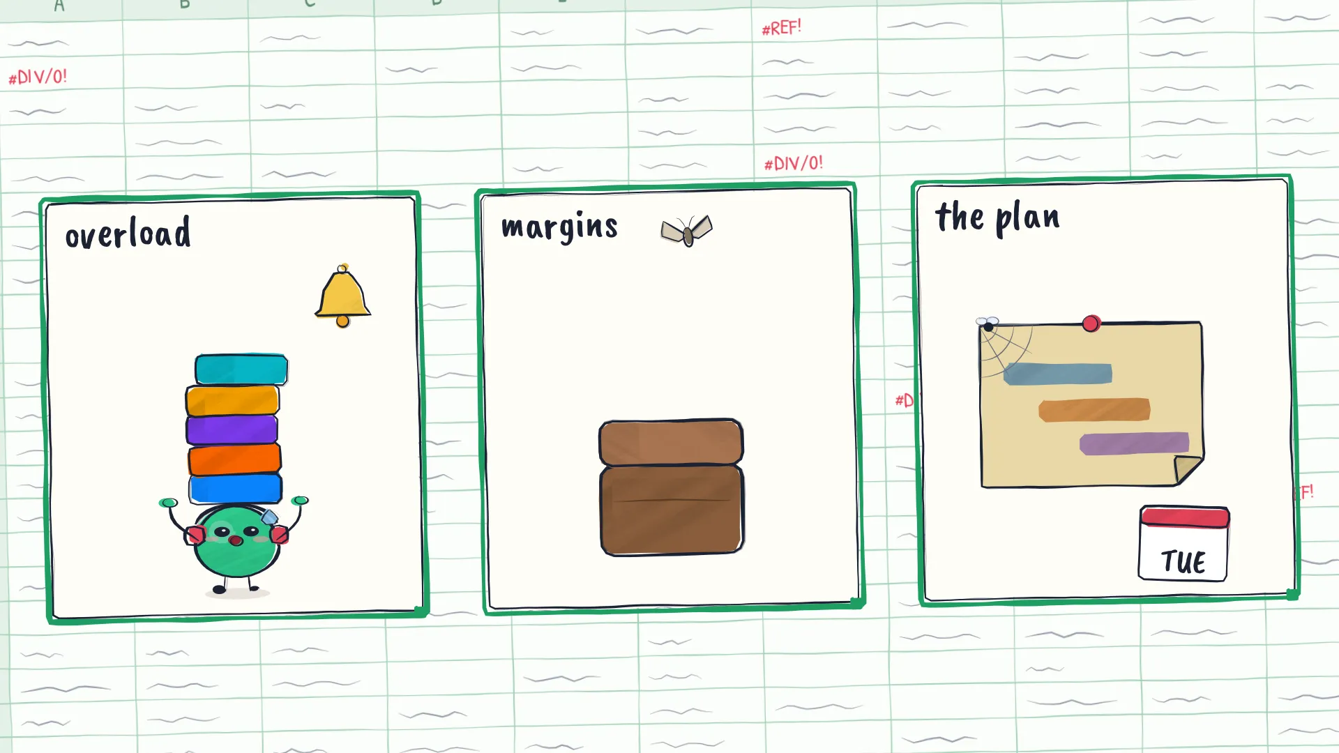 From the Whatdo film: overload, margins and the plan, each trapped in a cell of a broken spreadsheet.